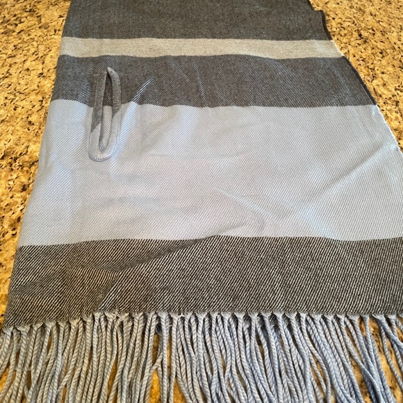 JCrew (multi colors of blue) Cape Scarf Wrap with med. blue fringe. Like new. - Picture 9 of 9